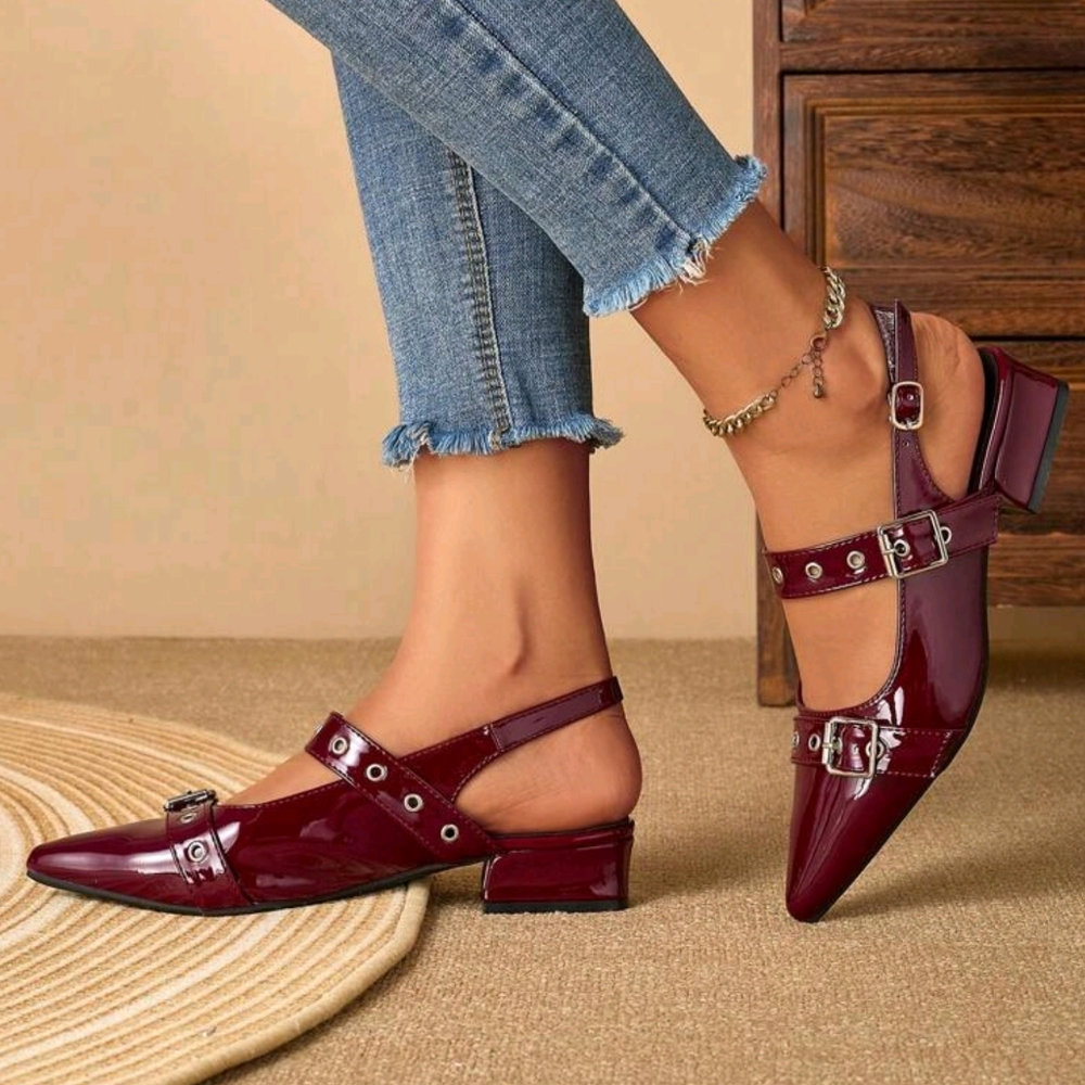 Women Rivet Pointed Toe Block Heel Mules Loafers, Burgundy - Picture 7 of 8